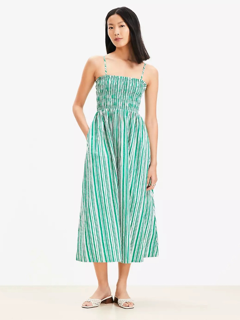 Loft 100% Cotton Green Striped Smocked Dress, Never Worn, Size M